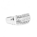Diamond ring with a white gold band on a white background
