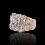 Rose gold ring with diamond accents on a black background