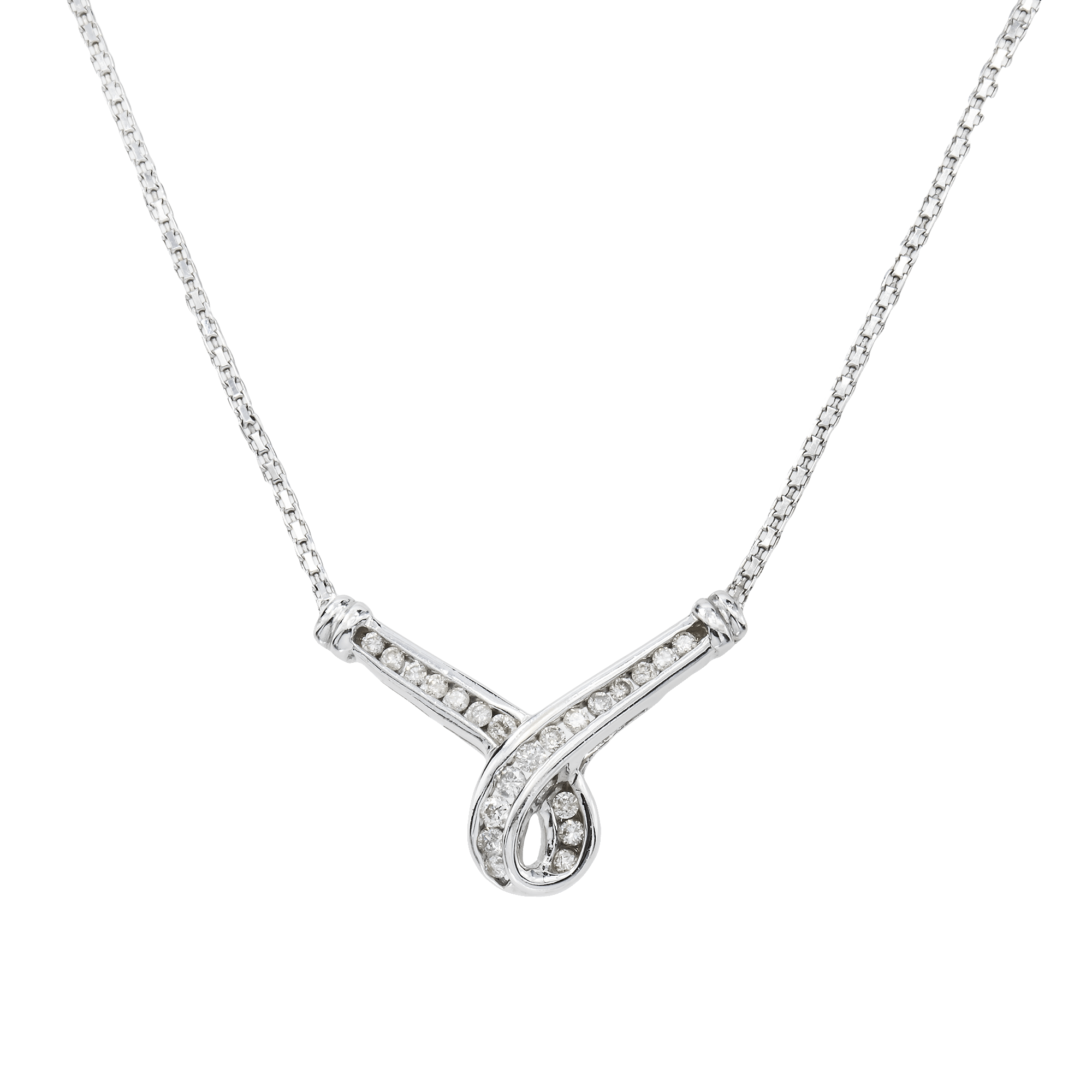 Close front shot of White Gold Twist Love Pendant with necklace on a white background