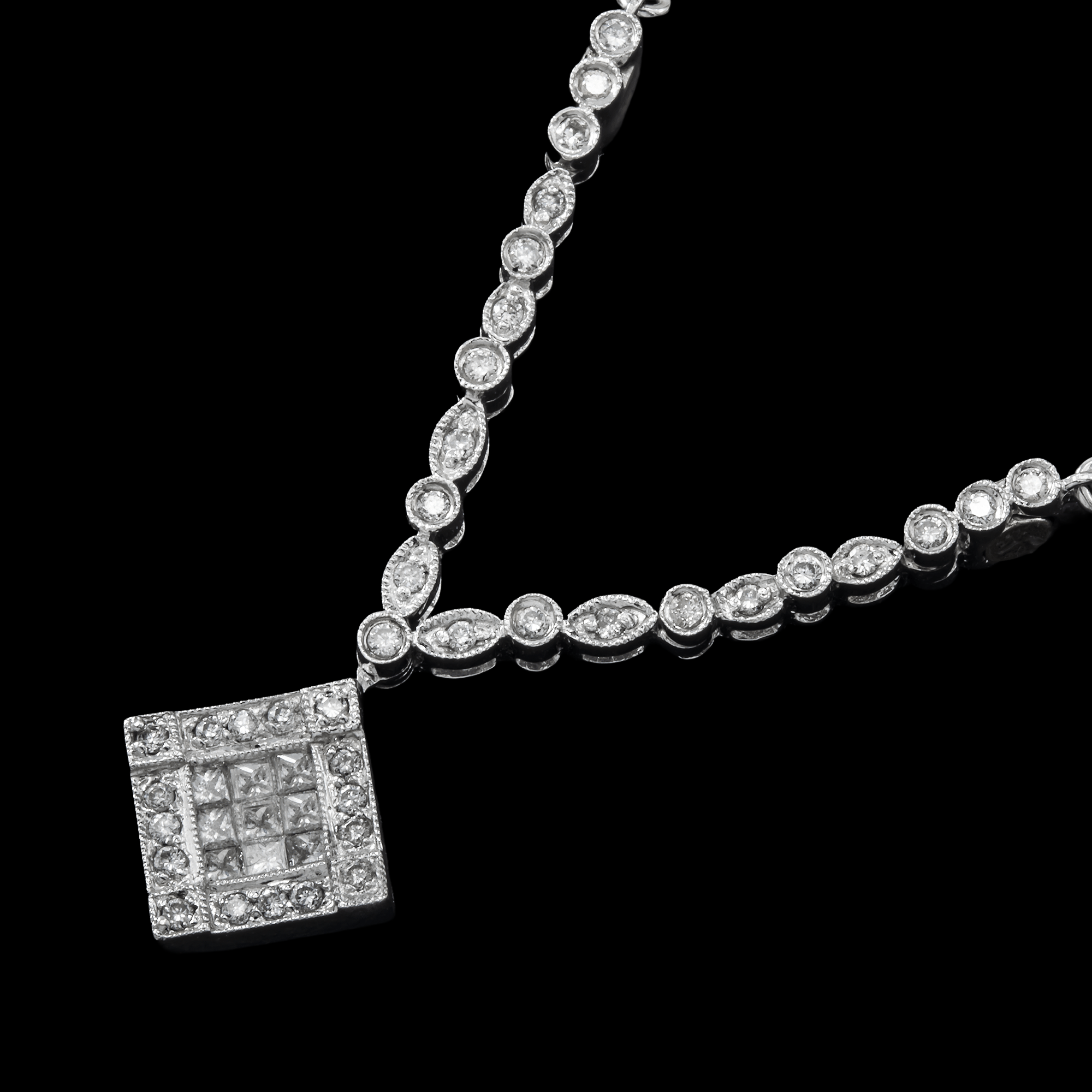 White Gold Square Drop Pendant Necklace on a black background