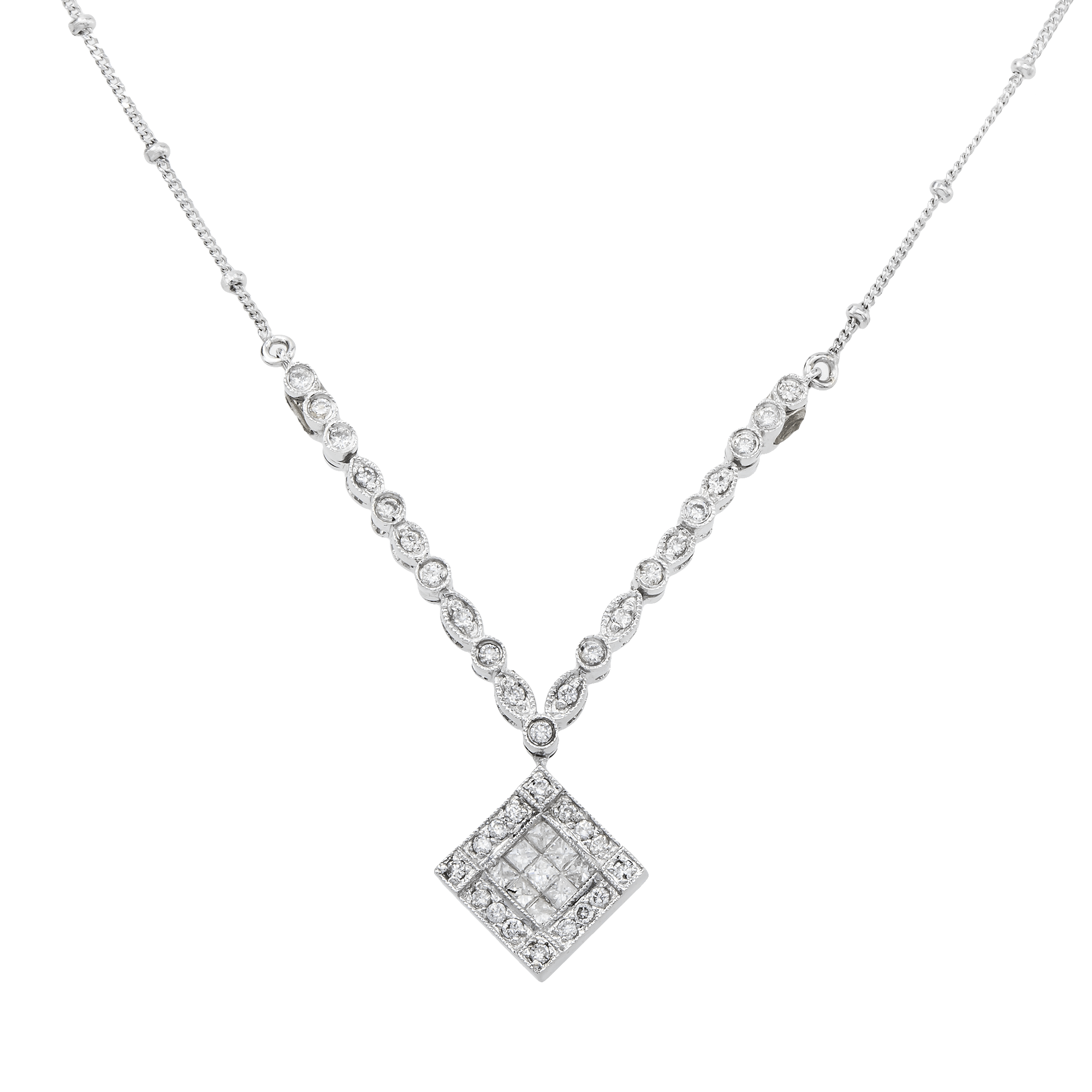 White Gold Square Drop Pendant Necklace on a white background