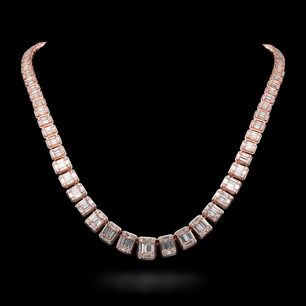 Rose gold diamond tennis chain,with Baguette diamonds on a black background