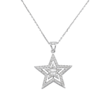 Star-shaped silver diamond pendant on a chain against a white background