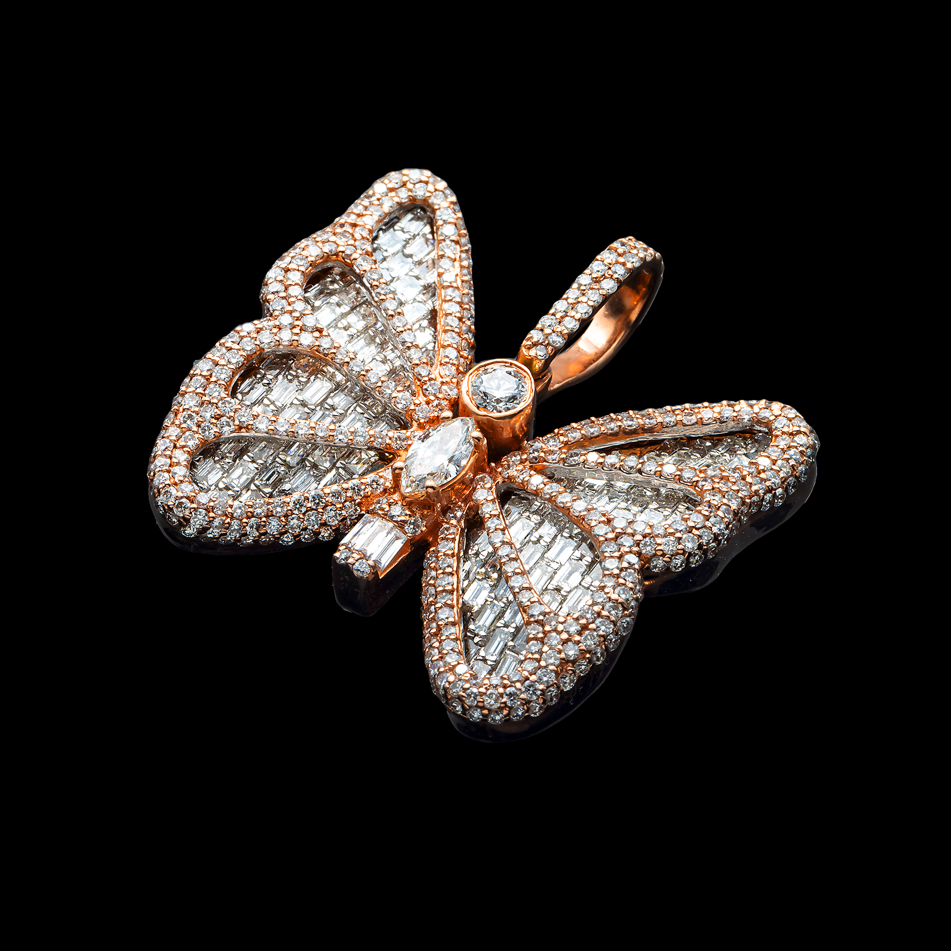 14K Rose Gold Brilliant Butterfly Pendant | 3.60 Carat Marquise-Baguette & Round-Cut Diamond