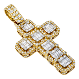 14K Yellow Gold Square Custer Cross Pendant | 4.57 Carat Baguette-Cut & Round-Cut Diamond
