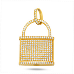 Gold padlock-shaped pendant with diamond accents on a white background