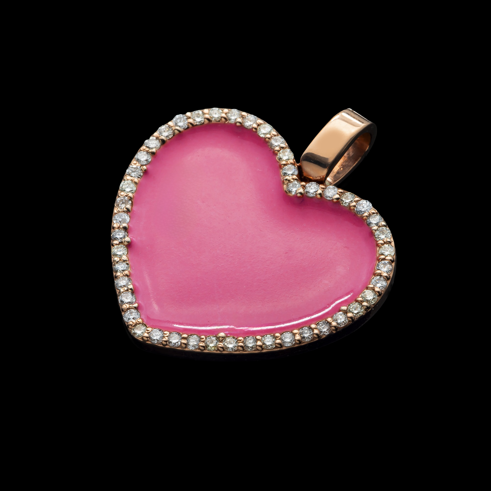 14K Rose Gold Heart Pendant with Pink Enamel & Diamond Halo | 1.00 Carat Round-Cut Diamond
