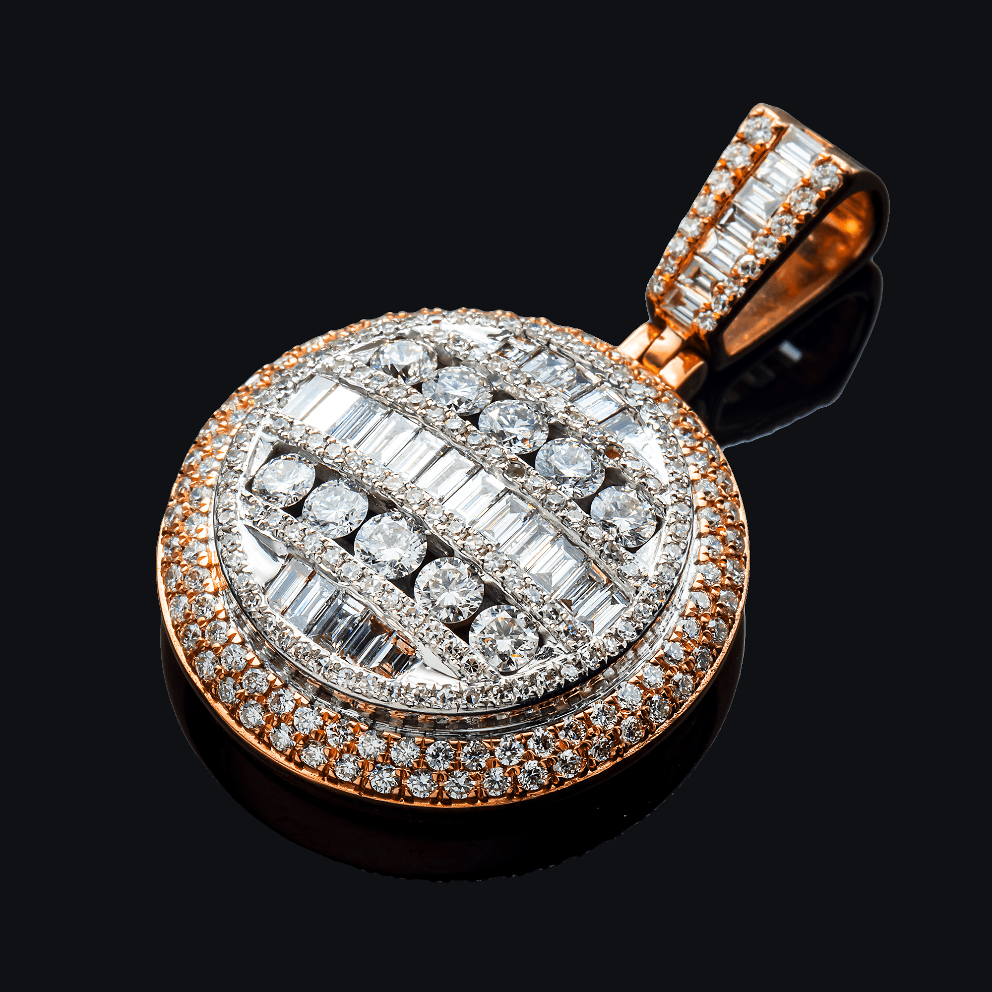 14K Two-Tone Gold Iced Out Round Drip Pendant – 6.00 Carat Baguette & Round-Cut Diamond Medallion