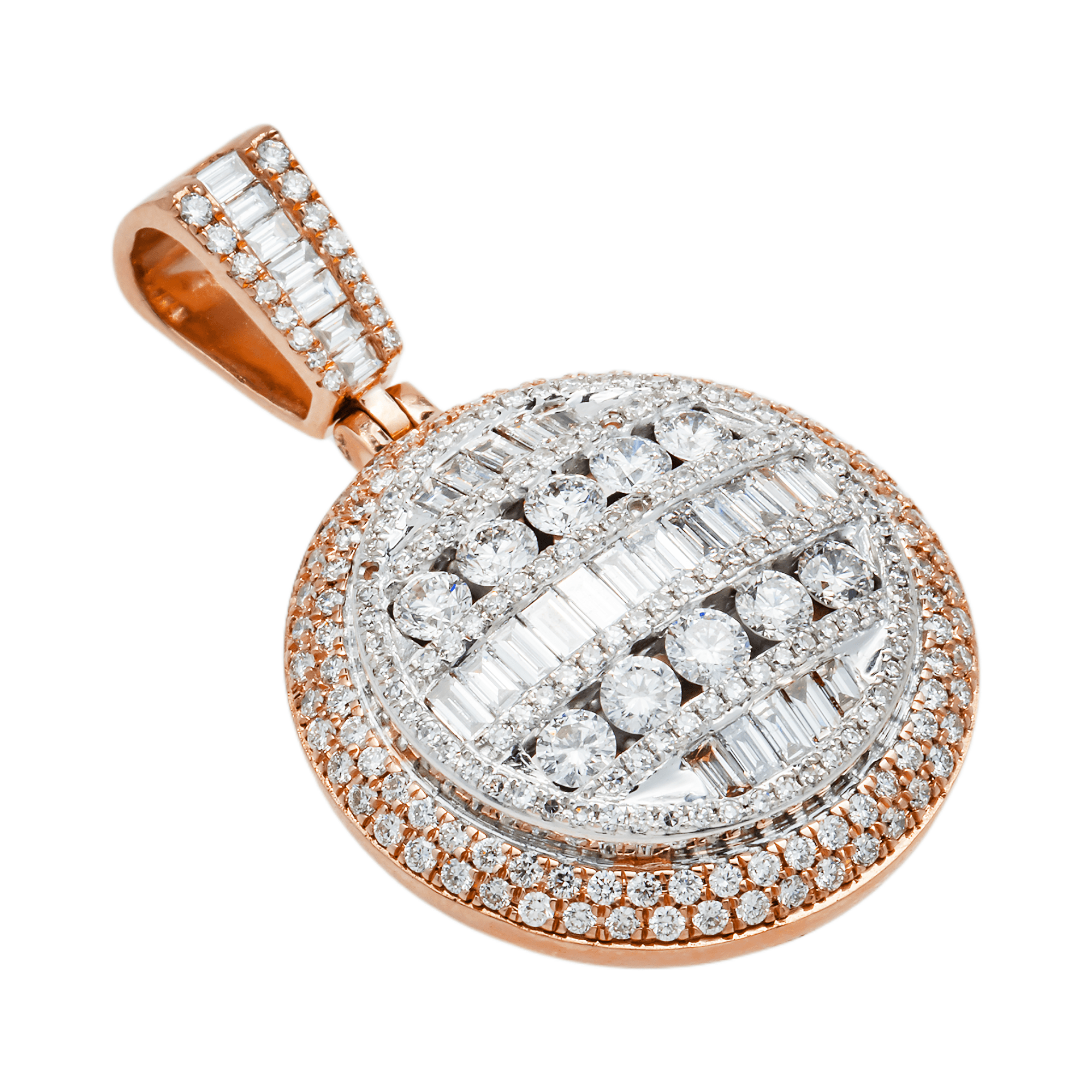 Side view of 14K Two-Tone Gold Diamond Drip Pendant – Iced Out with Baguette and Round Diamonds