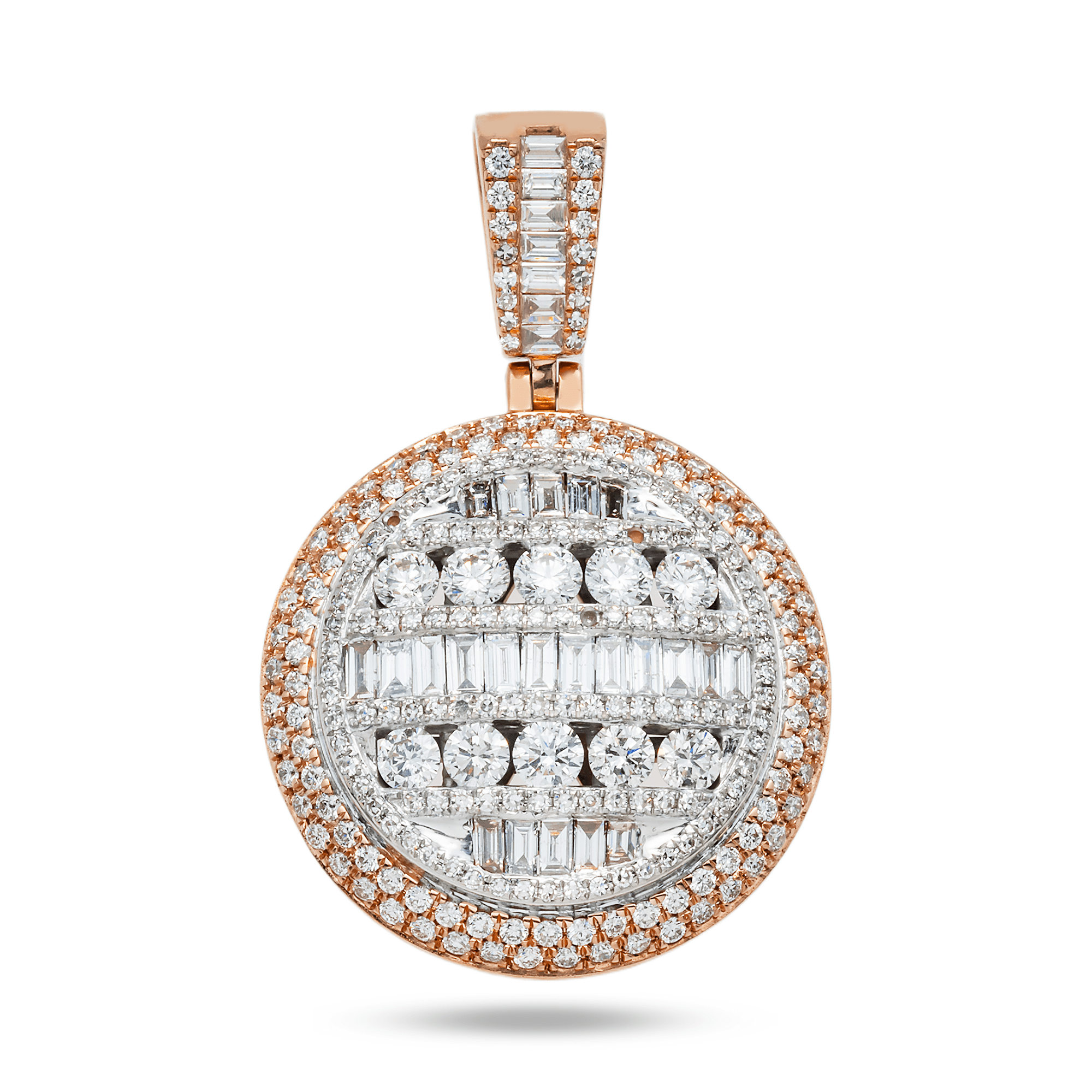 Close-up of 14K Two-Tone Gold Drip Pendant – 6.00 CT Diamond-Studded Circle Medallion with Baguette Cuts