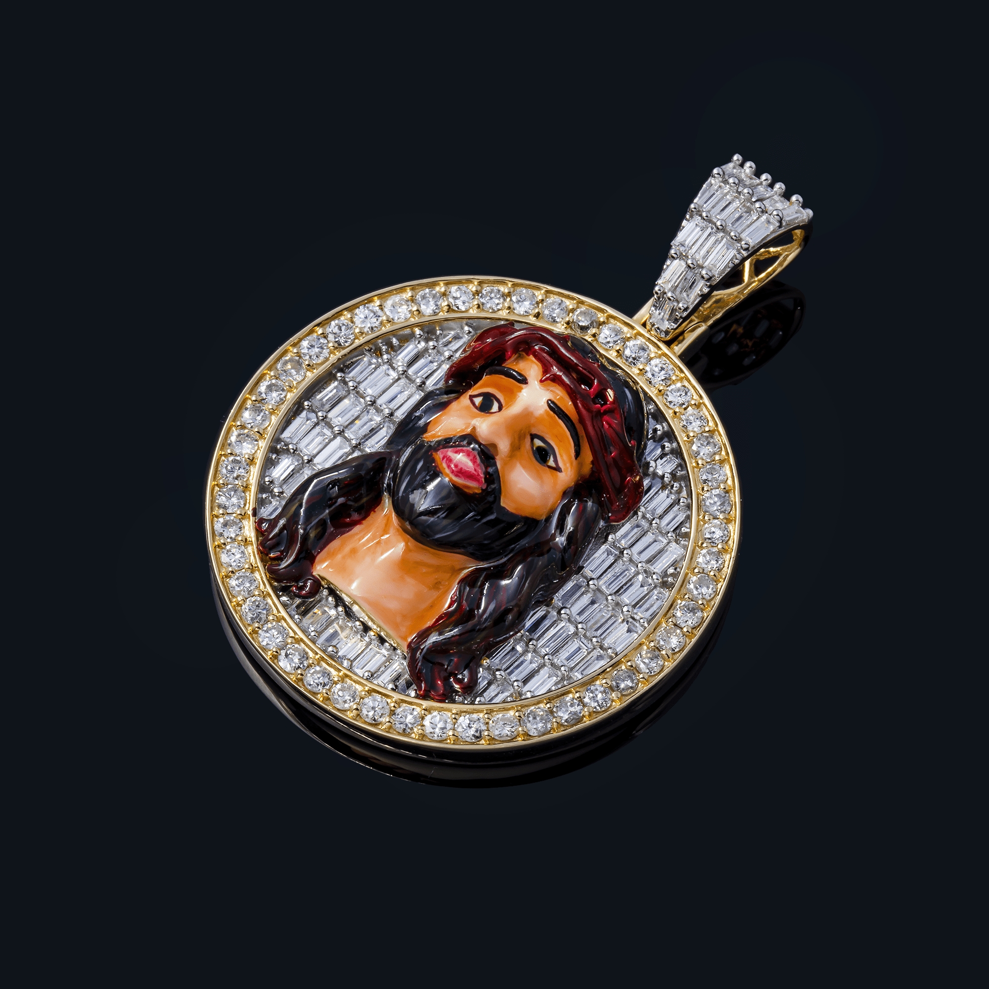 14K Yellow Gold Jesus Face Pendant with Enamel Detail – 2.69 Carat Emerald, Baguette & Round-Cut Diamonds