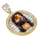 Side view of 14K Yellow Gold Jesus Enamel Pendant – 2.69 CT Iced Out with Emerald, Baguette, and Round Diamonds
