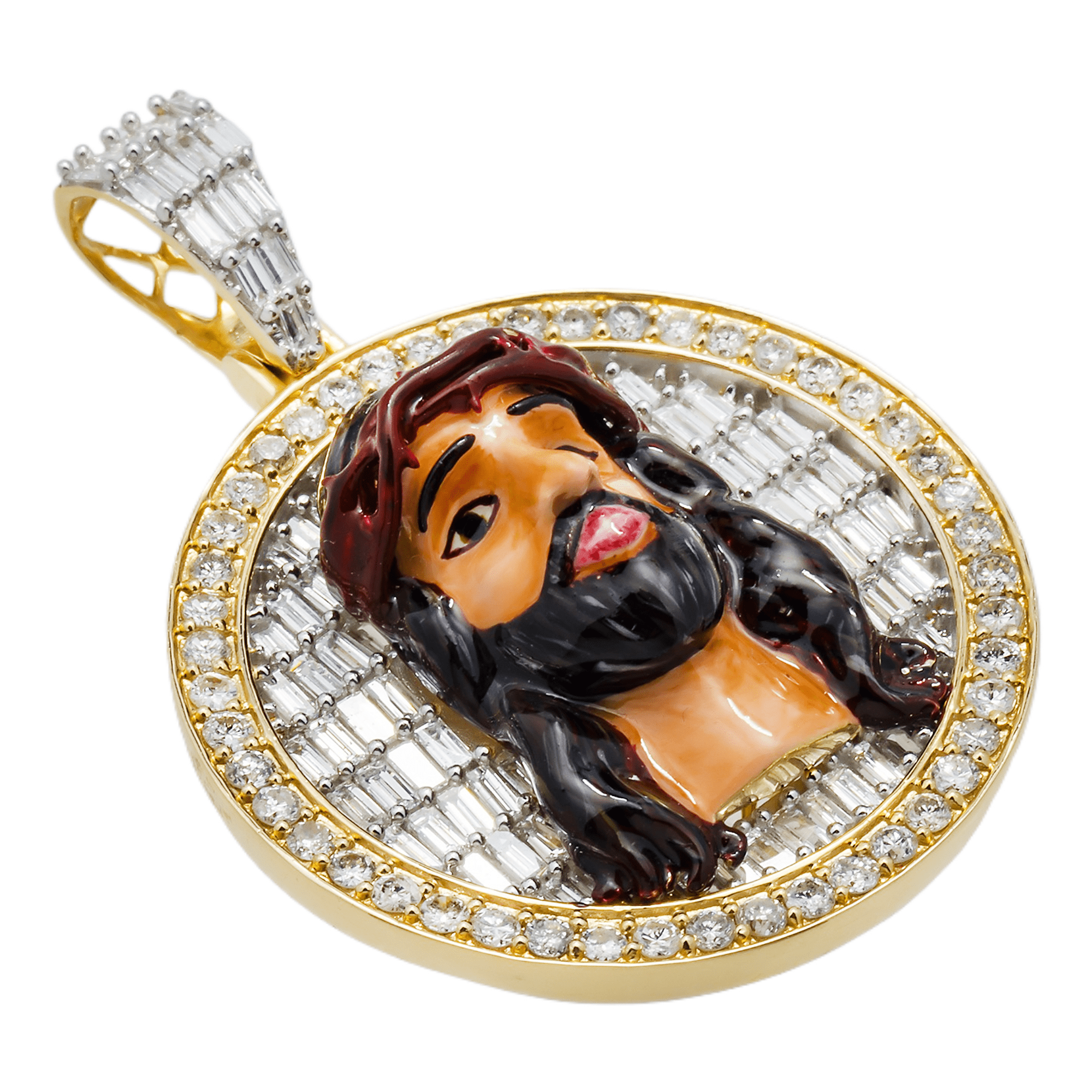 Side view of 14K Yellow Gold Jesus Enamel Pendant – 2.69 CT Iced Out with Emerald, Baguette, and Round Diamonds
