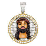 Close-up of 14K Yellow Gold Jesus Pendant – Enamel Face with 2.69 Carats of Emerald, Baguette & Round-Cut Diamonds