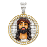 Close-up of 14K Yellow Gold Jesus Pendant – Enamel Face with 2.69 Carats of Emerald, Baguette & Round-Cut Diamonds