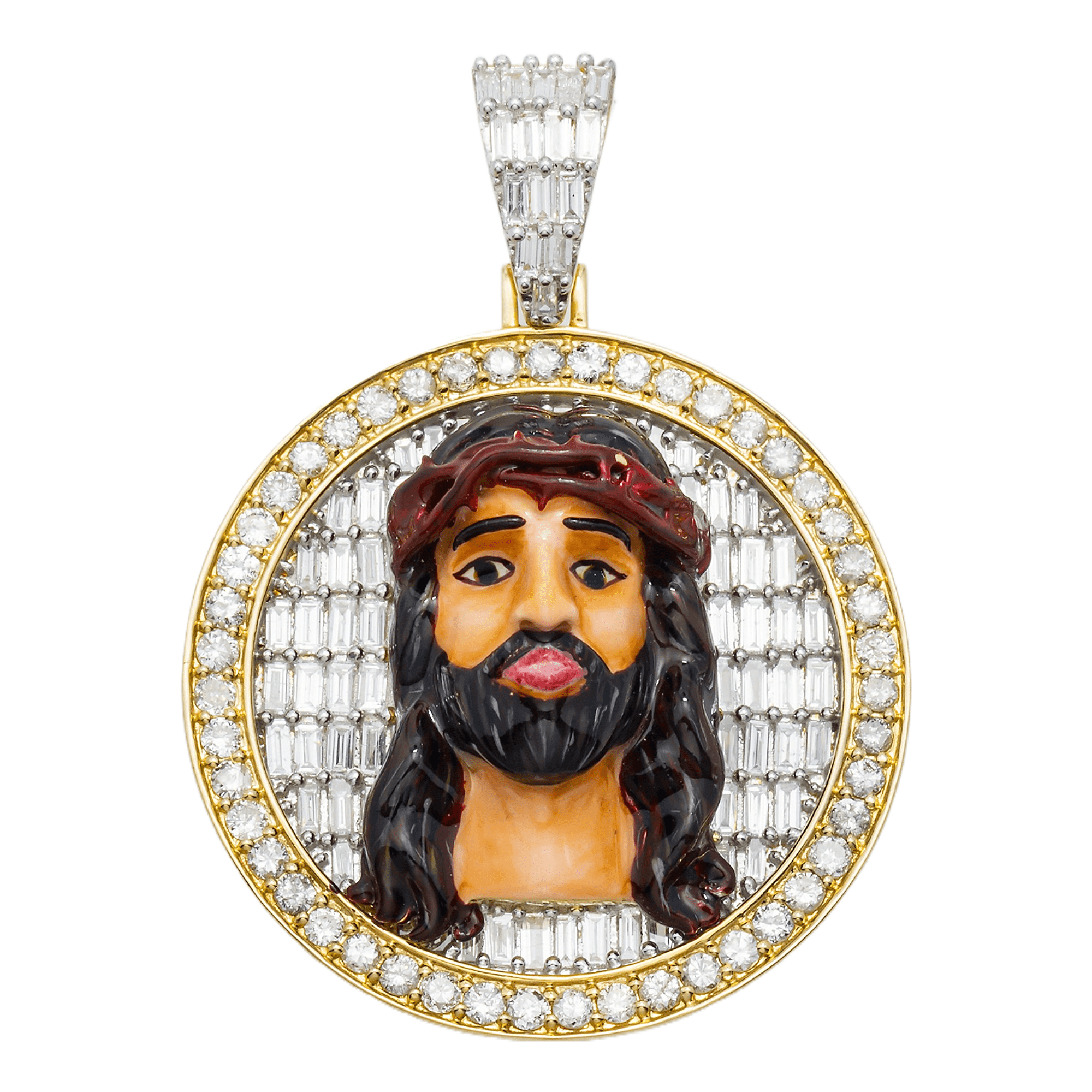 Close-up of 14K Yellow Gold Jesus Pendant – Enamel Face with 2.69 Carats of Emerald, Baguette & Round-Cut Diamonds