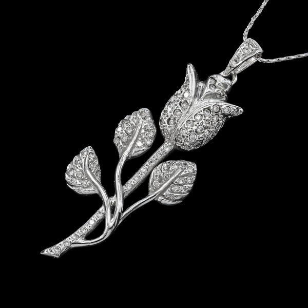 14K White Gold Large Rose Flower Pendant Necklace | 0.81 ctw. Round-Cut Diamond