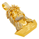 Side View of Detailed Jesus head Pendant in Yellow gold and natural diamonds in a white background