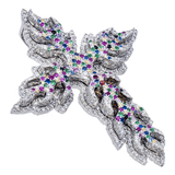 14K White Gold Flower Cross Pendant | 2.69 Carat Round-Cut Diamond & Multicolor Gems