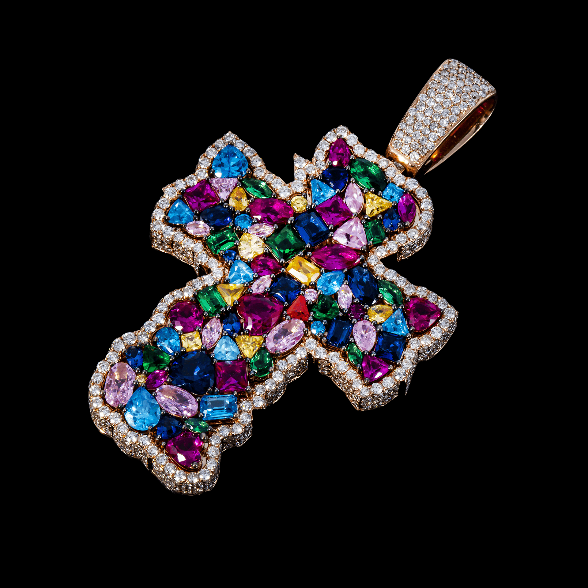 14k Rose Gold Fancy Cross Pendant | 12.00 Carat Diamond Multicolor & Multi-shape Gems
