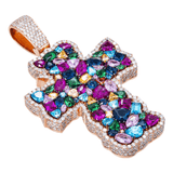 14k Rose Gold Fancy Cross Pendant | 12.00 Carat Diamond Multicolor & Multi-shape Gems