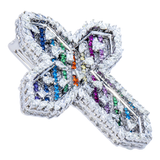 14k White Gold Cross Pendant | 6.69 Carat Multi-shaped Diamond & Multicolor Gems