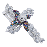 14k White Gold Flower Cross Pendant | 5.38 Carat Round-Cut Diamond & Multicolor Gems