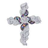 14k White Gold Flower Cross Pendant | 5.38 Carat Round-Cut Diamond & Multicolor Gems