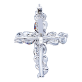 14k White Gold Flower Cross Pendant | 5.38 Carat Round-Cut Diamond & Multicolor Gems