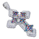 14k White Gold Large Gothic Cross Pendant | 11.84 Carat Round-Cut Diamond & Multicolor Gems
