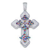 14k White Gold Large Gothic Cross Pendant | 11.84 Carat Round-Cut Diamond & Multicolor Gems