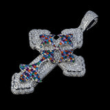 14k White Gold Large Gothic Cross Pendant | 11.84 Carat Round-Cut Diamond & Multicolor Gems