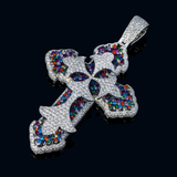 14k White Gold Large Gothic Cross Pendant | 11.84 Carat Round-Cut Diamond & Multicolor Gems
