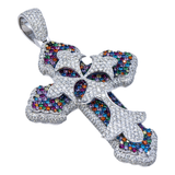 14k White Gold Large Gothic Cross Pendant | 11.84 Carat Round-Cut Diamond & Multicolor Gems
