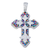 14k White Gold Large Gothic Cross Pendant | 11.84 Carat Round-Cut Diamond & Multicolor Gems