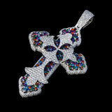 14k White Gold Large Gothic Cross Pendant | 11.84 Carat Round-Cut Diamond & Multicolor Gems