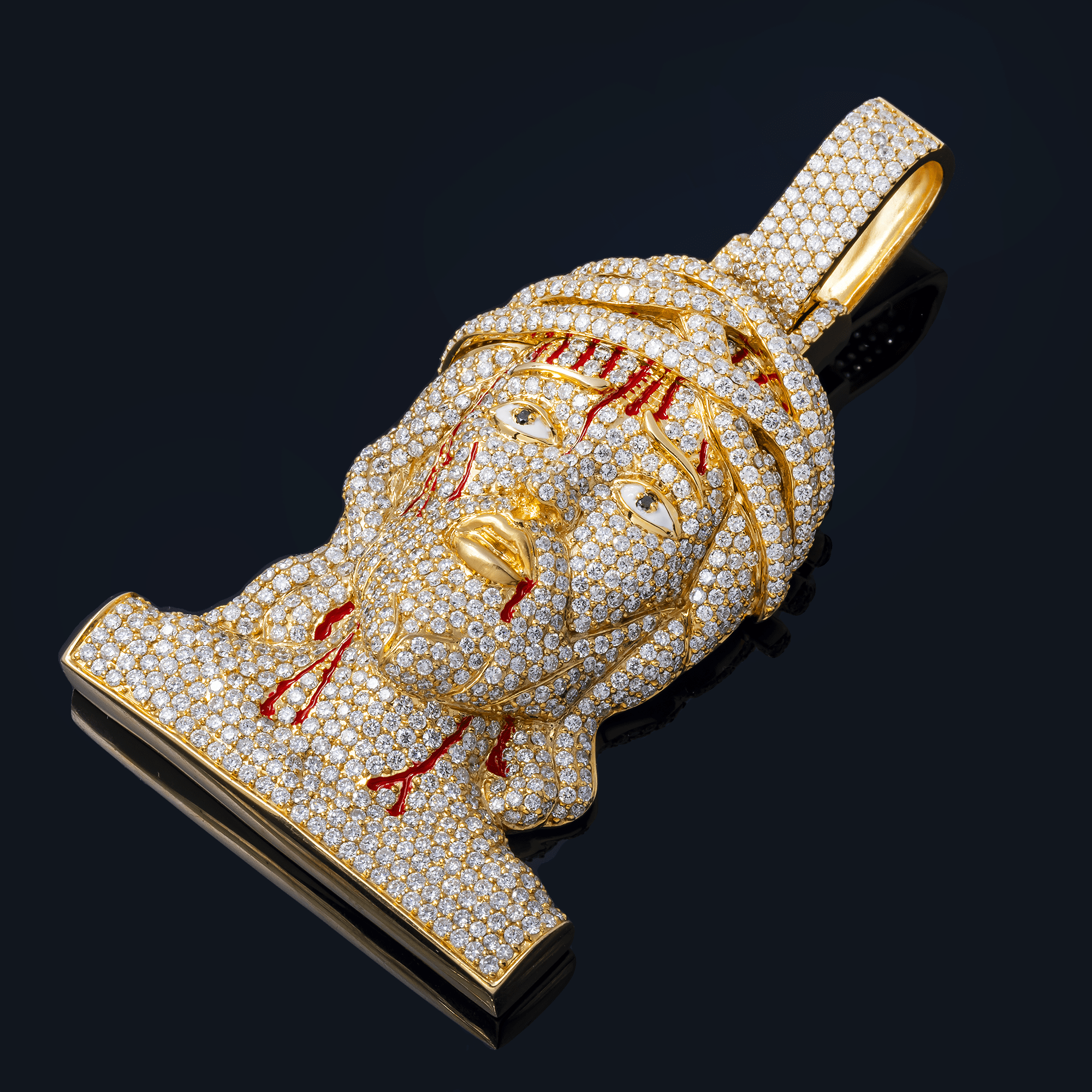 14K Yellow Gold Bleeding Jesus Head Pendant – 12.60 Carat Round-Cut Diamond Iced Out Religious Necklace