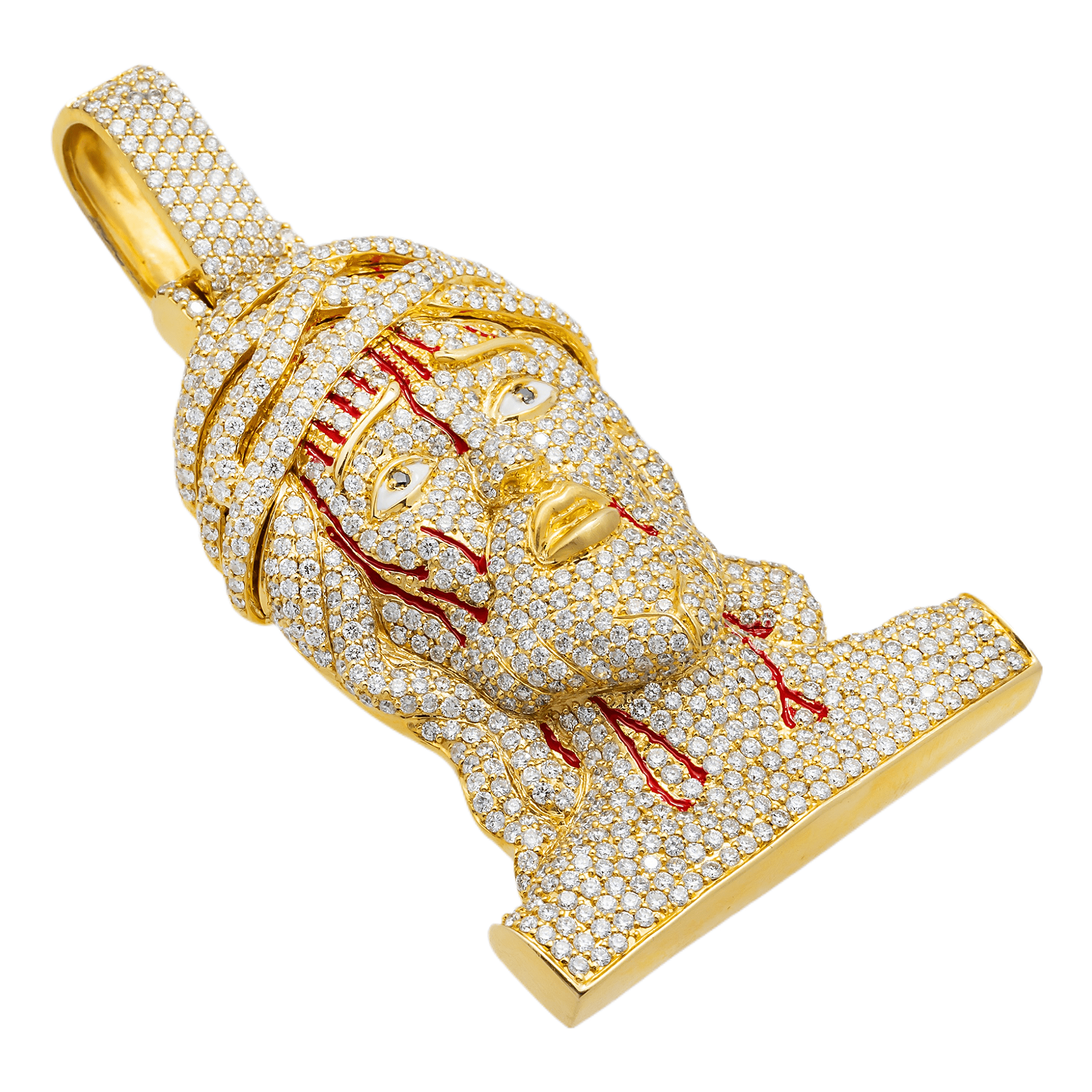 Side view of 14K Yellow Gold Jesus Pendant – Iced Out with 12.60 Carats of Round-Cut Diamonds and Dripping Crown Detail