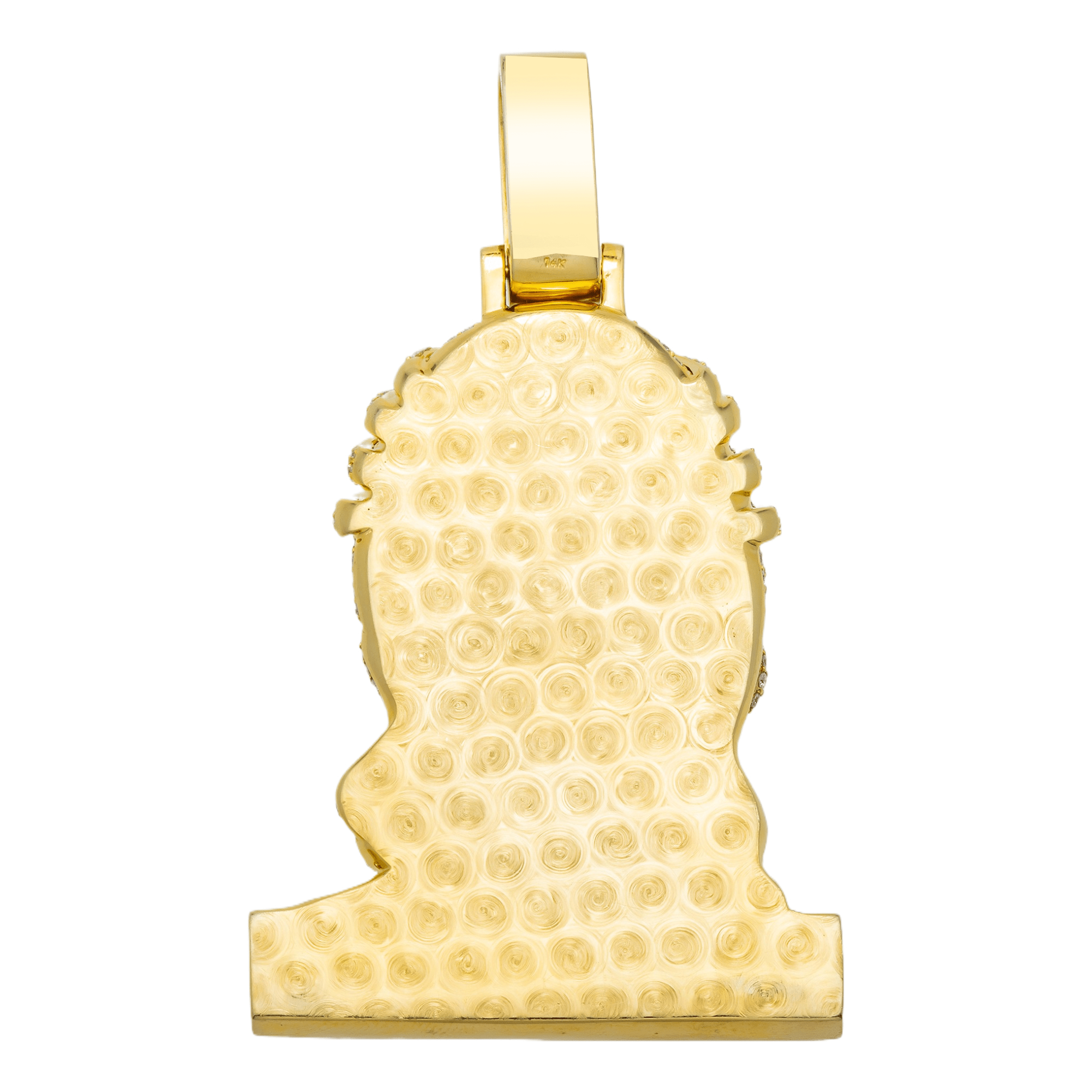 Back shot of 14K Yellow Gold Bleeding Jesus Head Pendant – Fully Iced 12.60 Carat Round Diamond Religious Piece
El Russo & Co