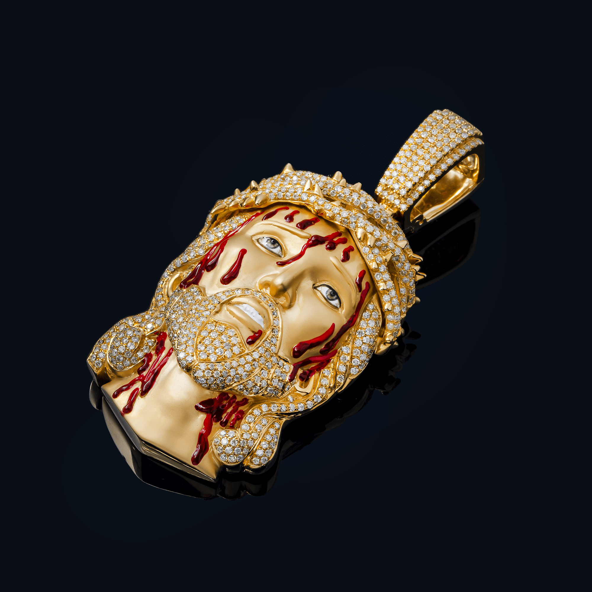 14K Yellow Gold Bleeding Jesus Head Pendant – 3.60 Carat Round-Cut Diamond Religious Necklace