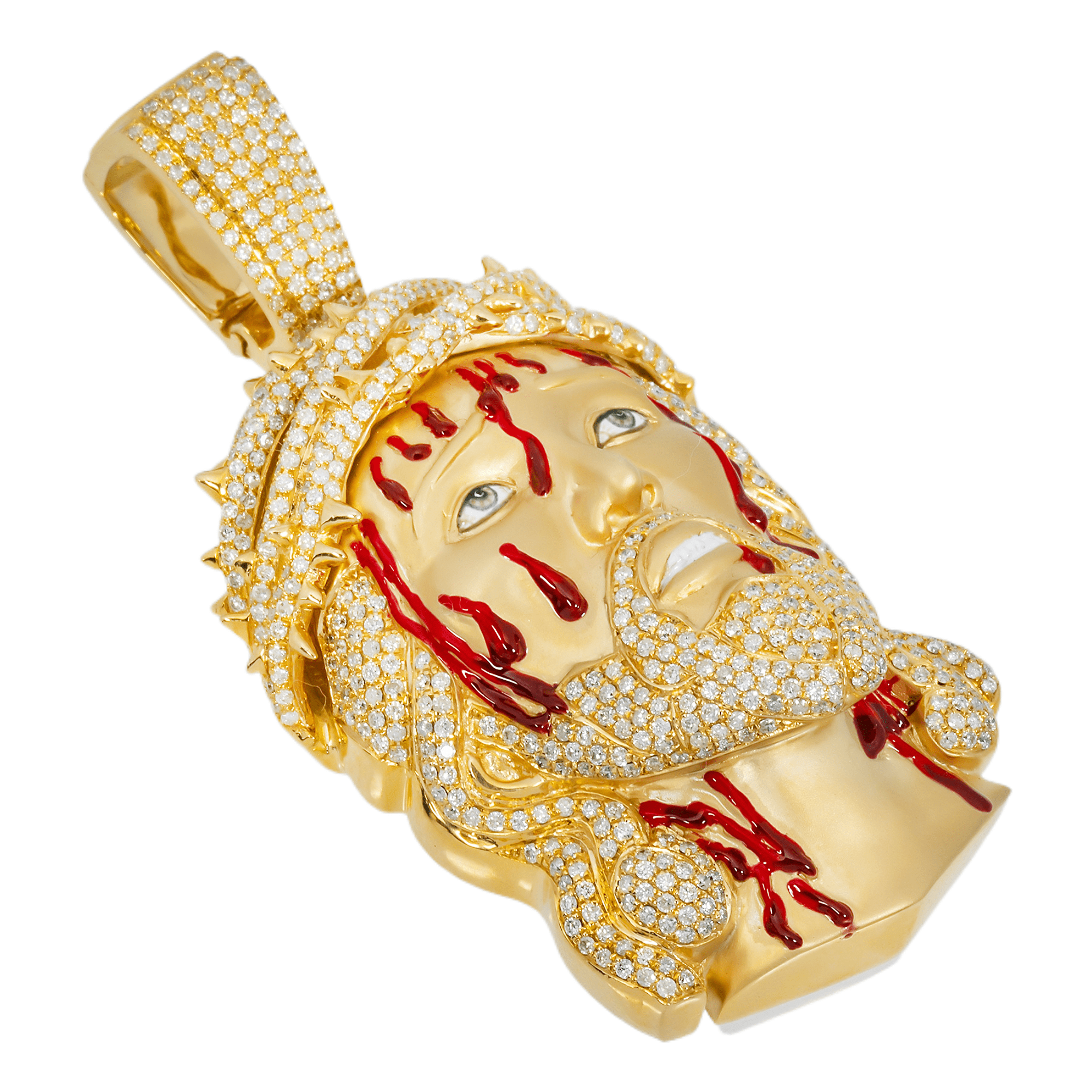Side view of 14K Yellow Gold Diamond Jesus Piece – 3.60 CT Round-Cut Stones with Dripping Crown Detail