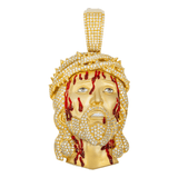 Close-up of 14K Yellow Gold Bleeding Jesus Pendant – Iced Out Face with 3.60 Carat Diamonds