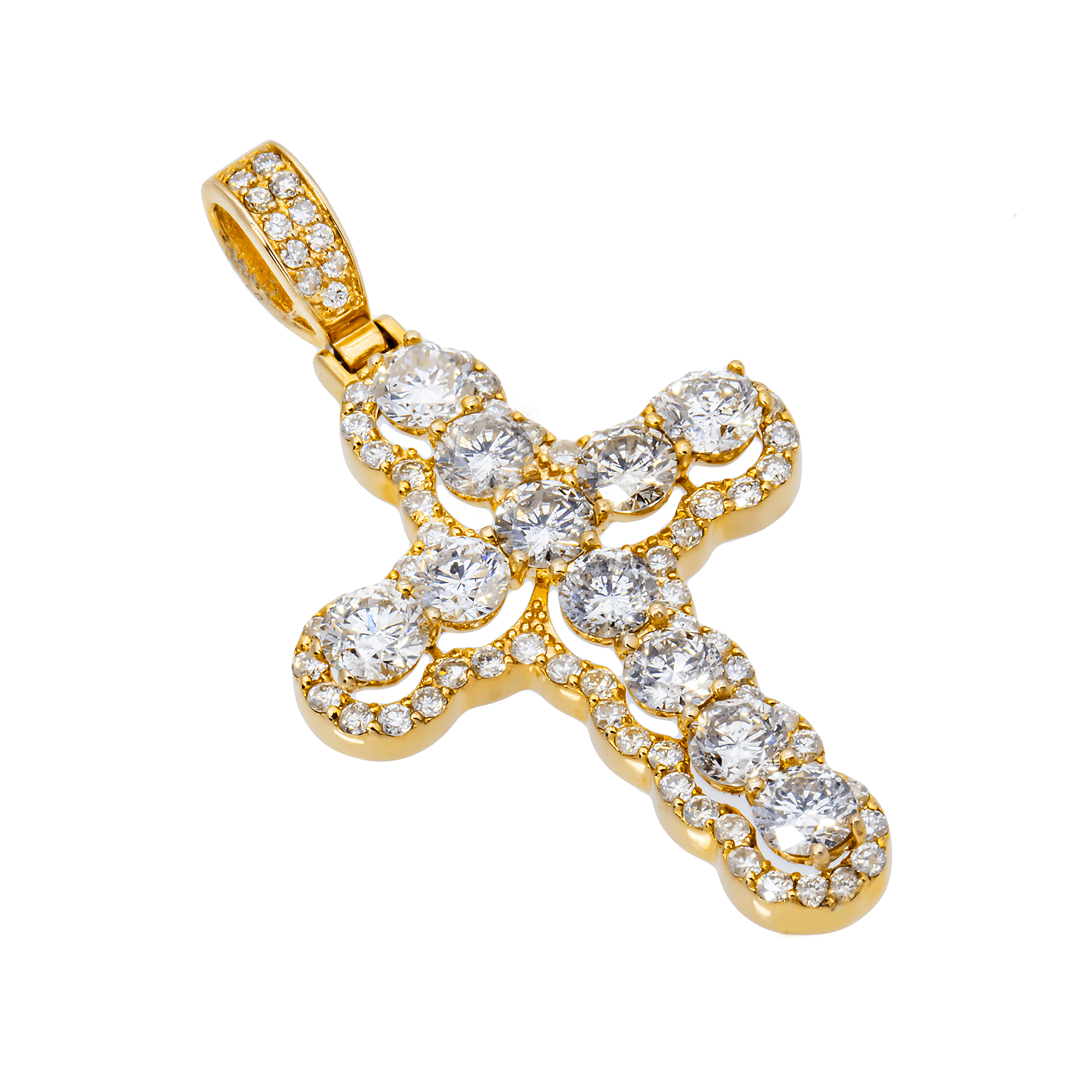 Side view of 14K Yellow Gold Diamond Royal Cross Pendant – 3.65 CT Round-Cut Stones with Halo Frame