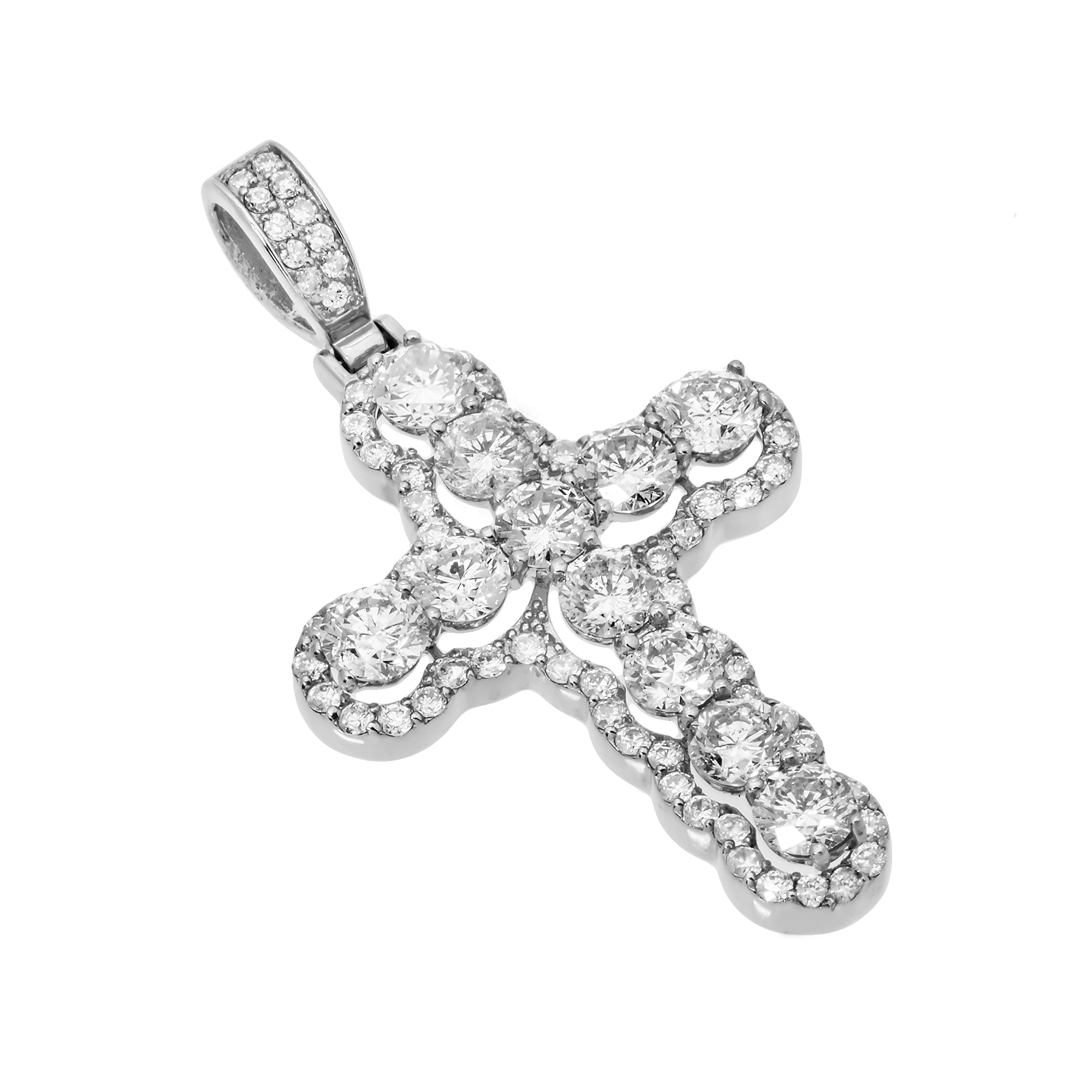 Side view of 14K White Gold Diamond Royal Cross Pendant – 3.65 CT Round-Cut Stones with Halo Design