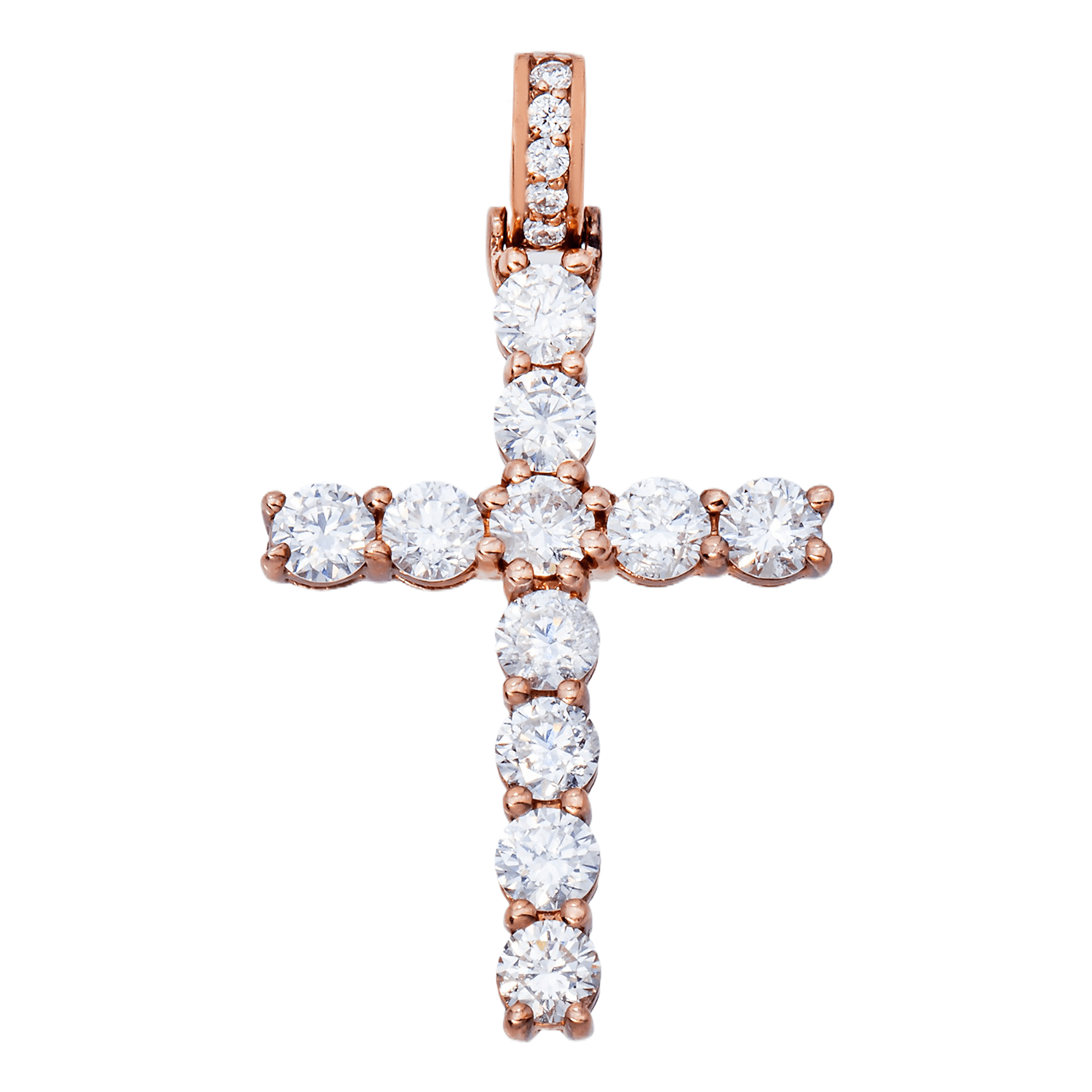 Close-up of 14K Rose Gold Cross Pendant – 2.93 CT Prong Set Round Diamonds with Elegant Shine