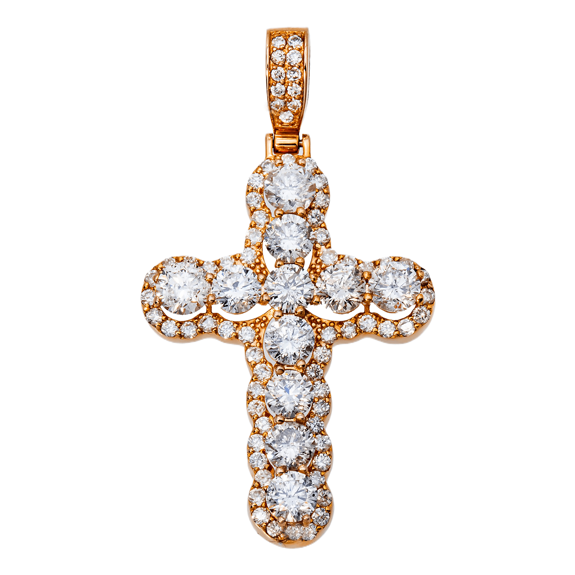 Close-up of 14K Rose Gold Halo Cross Pendant – Iced Out with 2.41 Carats of Round-Cut Diamonds