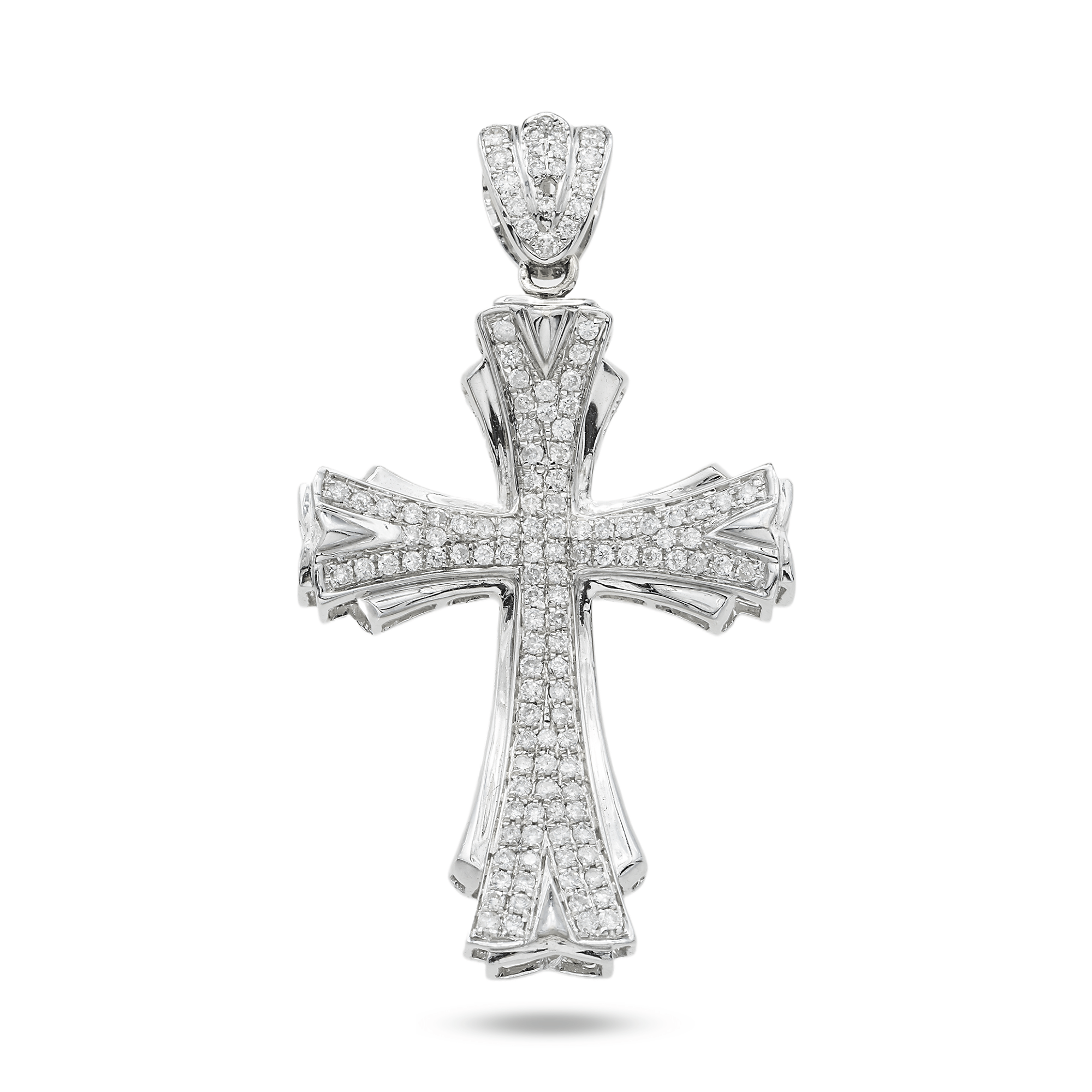 Close-up of 14K White Gold Orthodox Cross Pendant – 1.50 Carat Round-Cut Diamond Iced Design