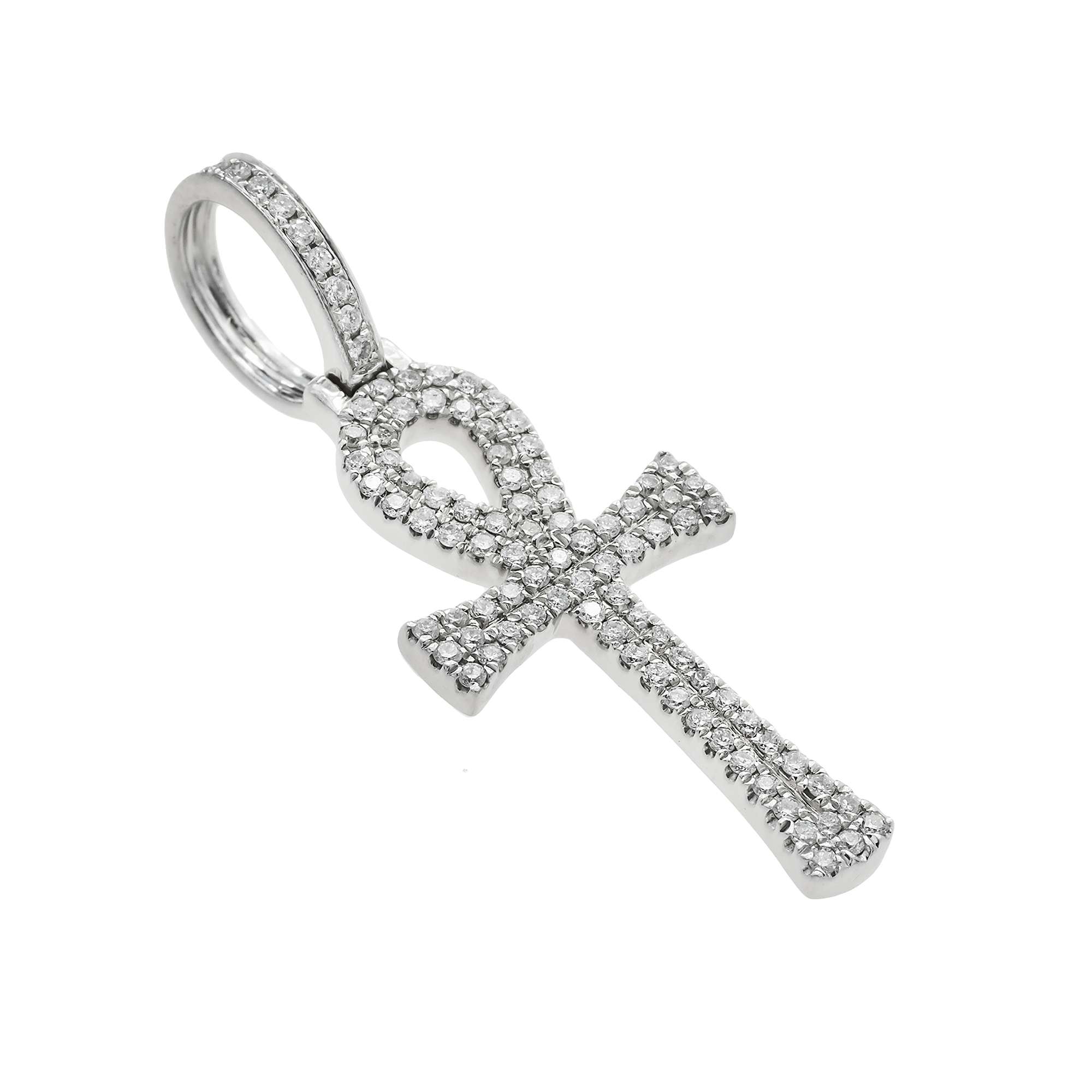 Side view of 14K White Gold Diamond Ankh Pendant – 0.50 CT Round Diamonds in Iced Out Design