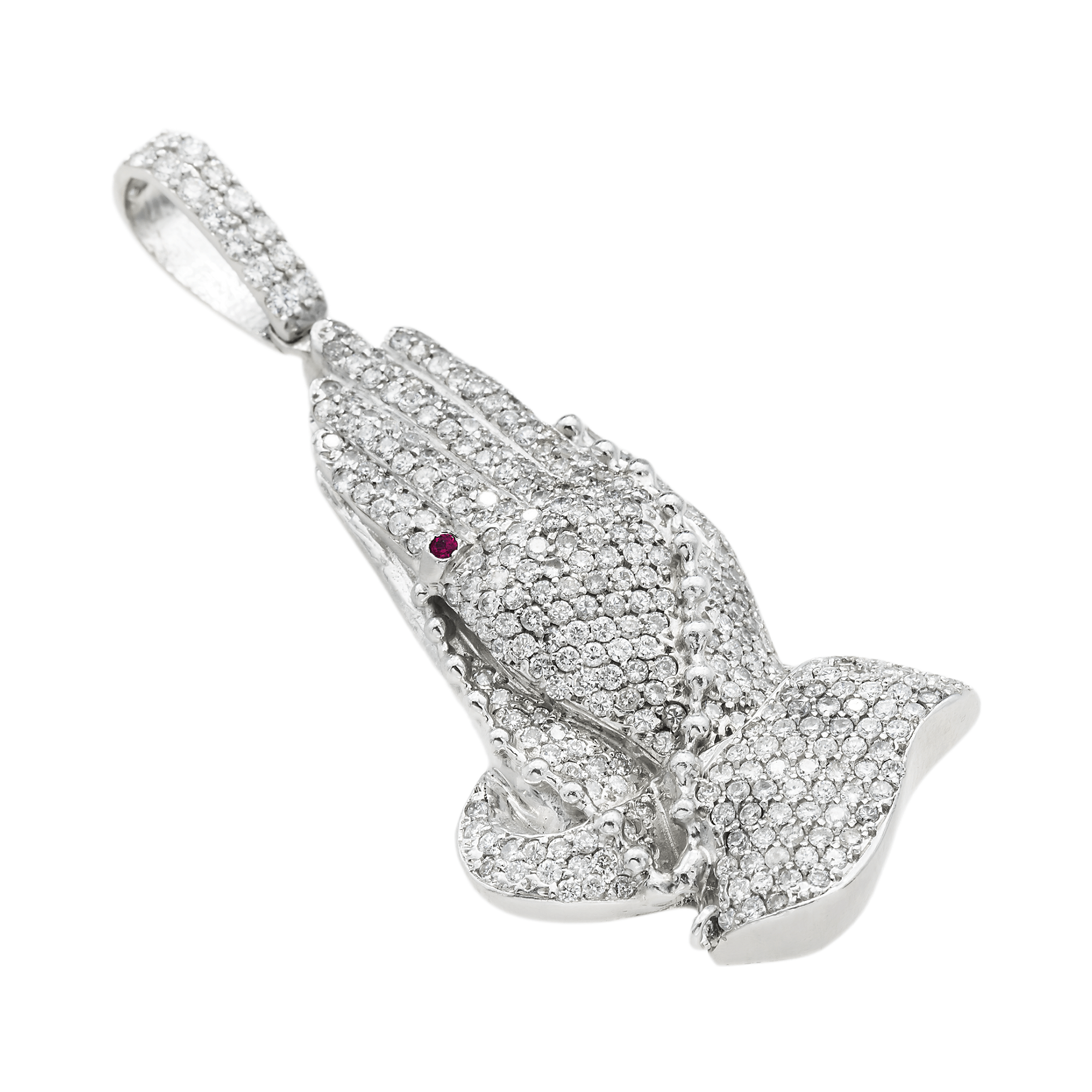 Side view of 14K White Gold Praying Hands Pendant – Iced Out with 8.00 CT Round-Cut Diamonds