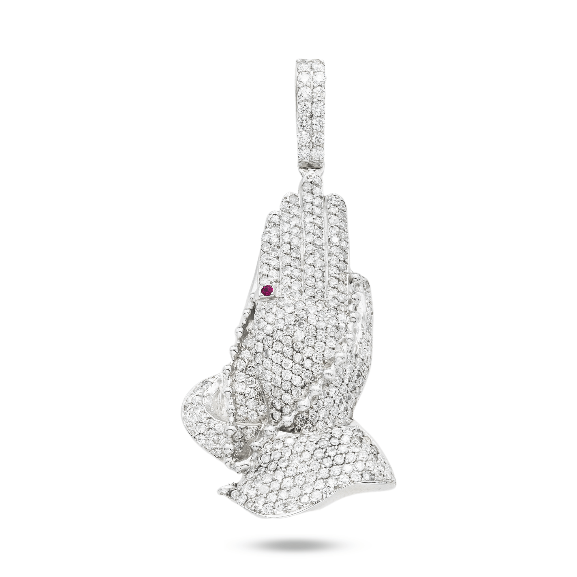 Close-up of 14K White Gold Iced Out Praying Hands Pendant – 8 Carat Round Diamond Religious Jewelry